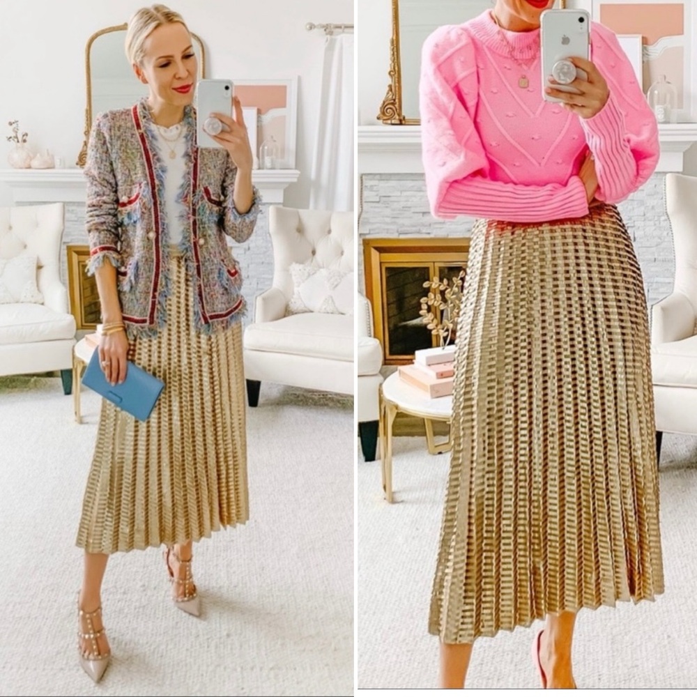 Anthropologie Maeve Natalia Gold Sequin Midi Skirt Pleated A-Line Size 12 NWT - Picture 2 of 15